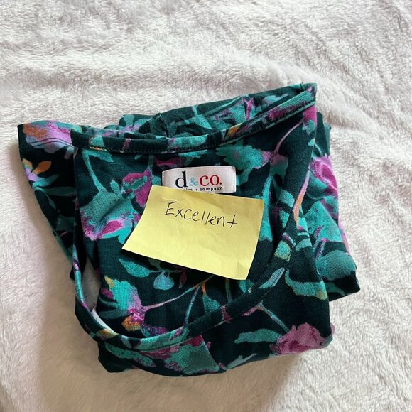 D&Co Denim Womens Floral Short Sleeve A-Line Tunic Top XS Teal Purple Stretchy - Picture 9 of 9